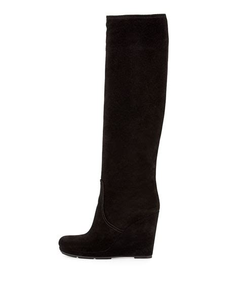 prada suede shearling wedge over the knee boots|Prada Over The Knee Boots .